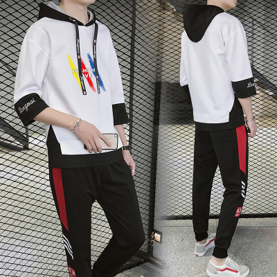 狮臣SHICHEN2020年春季新款男士卫衣套装男士运动套装卫衣男套装薄款连帽套头七分袖时尚卫衣套装男TZ432白色L