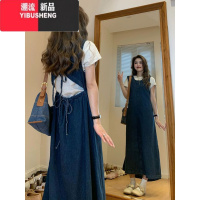 YIBUSHENG复古牛仔背心连衣裙女季新款小心机后背抽绳叠穿坎肩吊带长裙