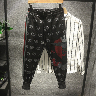 新款Hi轻奢印花图案休闲裤男青年时尚修身束脚运动卫裤