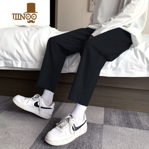 YANXU夏季黑色牛仔裤男款宽松直筒裤毛边九分裤潮牌高街长裤子男士港风