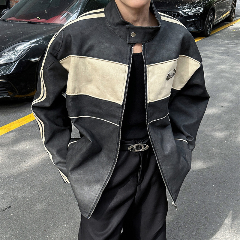 男装撞色拼接皮衣夹克男春秋新款美式潮牌痞帅立领机车服夹克外套
