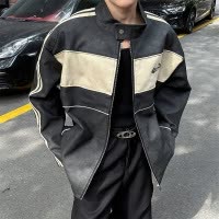男装撞色拼接皮衣夹克男春秋新款美式潮牌痞帅立领机车服夹克外套