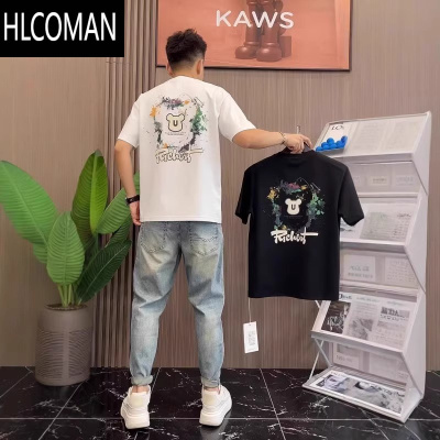 HLCOMAN夏季新款潮牌个性小熊彩绘印花短袖t恤男生潮流圆领半袖体恤