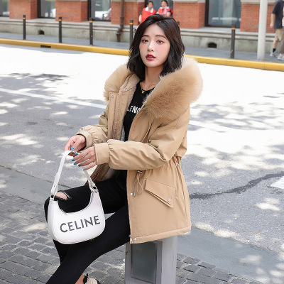 年冬装新款可拆卸毛领宽松连帽抽绳加绒加厚派克服显瘦外套女