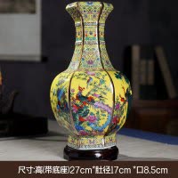中式陶瓷器花瓶摆件珐琅彩景德镇客厅插花装饰品仿古董工艺品干花 三维工匠 15黄-新六方瓶-超大