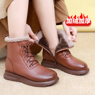 冬新款雪地靴厚底加绒防滑复古保暖头层牛皮加厚棉靴女加大码
