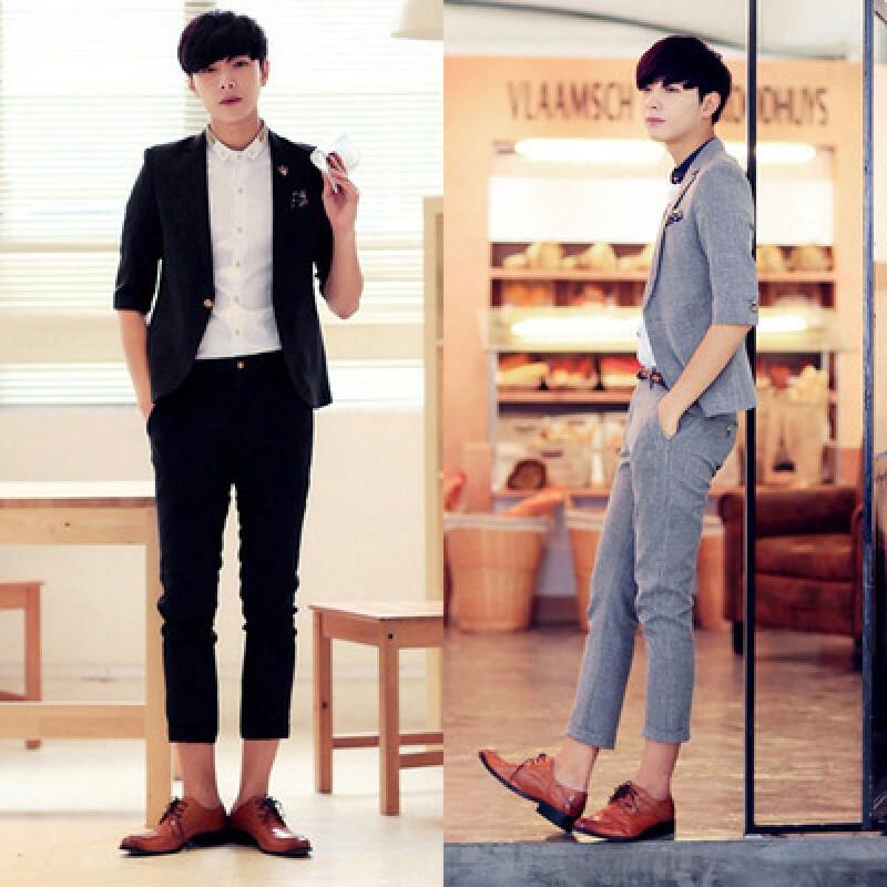 春夏薄款潮男七分袖西服两件套韩版修身休闲五分袖西装九分裤套装黑色西装+九分裤L配裤子30