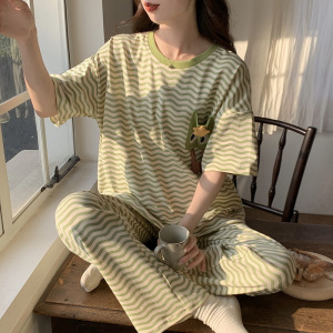 睡衣女士棉质夏季韩版短袖长裤可爱卡通休闲家居服套装宽松可外穿