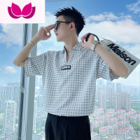 七斓ins潮牌V领衬衫男冰丝男装上衣薄款短袖T恤寸衫休闲痞帅半袖衬衣