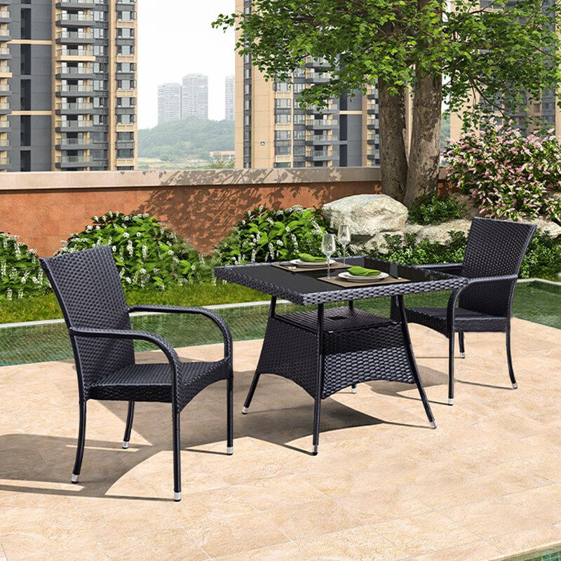 金菲罗格户外藤编休闲桌椅组合 2黑色椅+90x90方桌