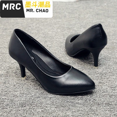 软皮舒适职业工作鞋女黑色皮鞋细跟高跟鞋工装空姐上班单鞋春墨斗潮品休闲鞋