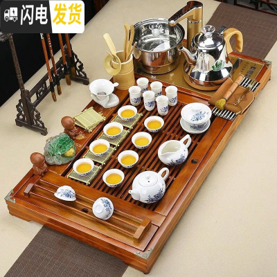 三维工匠实木茶盘全自动电磁炉四合一体套装陶瓷紫砂功夫家用茶具茶杯整套 套装8:全自动连年牡丹套装