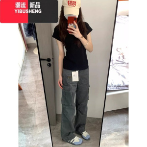 YIBUSHENG韩系黑色正肩圆领短袖t恤女2024新款季洋气独特别致收腰上衣服