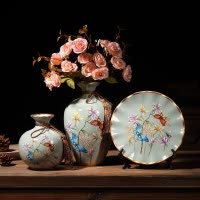 欧式陶瓷花瓶摆件轻奢北欧客厅插花现代餐桌干花瓶家居酒柜装饰品 三维工匠 蓝底鸟语花香三件套送莲边玫瑰