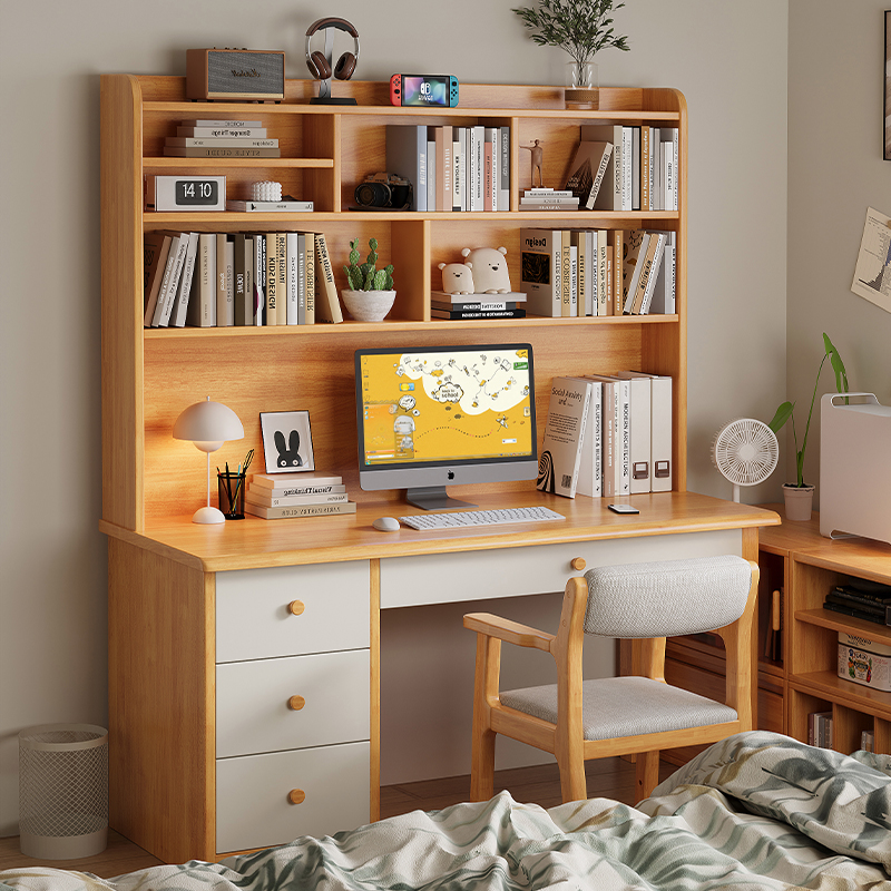 实木儿童书桌书柜组合一体书房卧室电脑桌学生学习桌子家用办公桌
