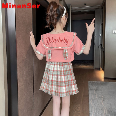 MinanSer女童套装裙儿童装女jk短裙夏装新款中大童女孩夏季衬衫百褶裙两件套女宝宝学院风3-12岁新品童装