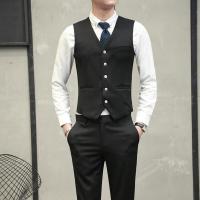 男士英伦西装背心套装韩版修身纯色休闲正装马夹裤子两件套装蓝色+裤子两件套M建议115斤内