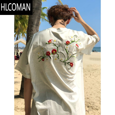 HLCOMAN美式高街字母花卉刺绣短袖t恤男装2025新款夏季宽松上衣