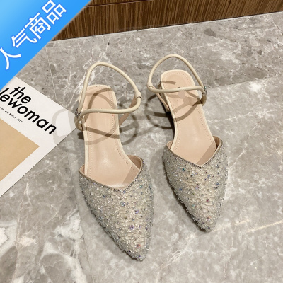 SUNTEK仙女风尖头凉鞋2022夏季新款平底包头一字带水钻时尚百搭亮片单鞋