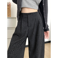 黑灰格子阔腿裤女新款秋季裤子宽松慵懒风垂感显瘦直筒休闲裤