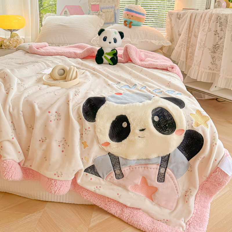 可爱熊猫贴布绣牛奶绒毛毯沙发卧室床上盖毯办公室午睡保暖披肩毯