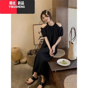 YIBUSHENG春秋大码胖mm短袖法式连衣裙女宽松露肩气质中长款泡泡袖雪纺裙子