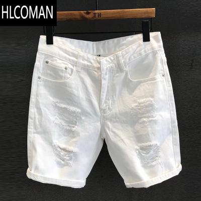 HLCOMAN2024夏季白色破洞牛仔短裤男韩版修身弹力五分马裤潮流百搭中裤子