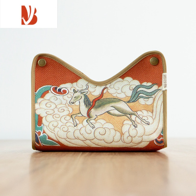 三维工匠爱奇葩中式布艺纸巾盒茶室客厅餐厅轻奢多抽纸盒收纳袋 敦煌瑞兽-苋菜红-抽纸盒 暗扣多功能款