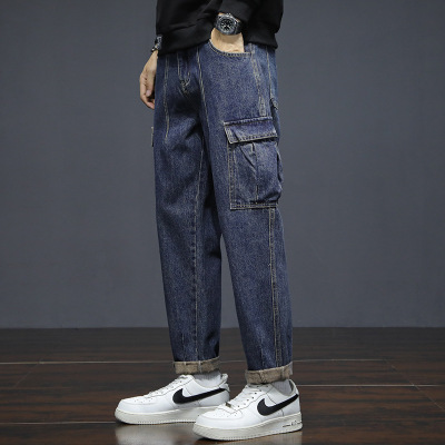 青年男士宽松直筒工装牛仔裤卷边裤脚日系复古通勤百搭长裤男