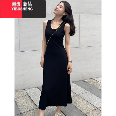 YIBUSHENG小个子黑色无袖背心吊带连衣裙2024新款女季修身显瘦包臀长裙子