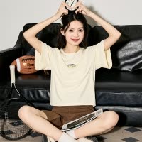 [2.5折价47元]唐狮夏季新款珍珠甜美花卉女短袖T恤超好看洋气独特别致上衣sz