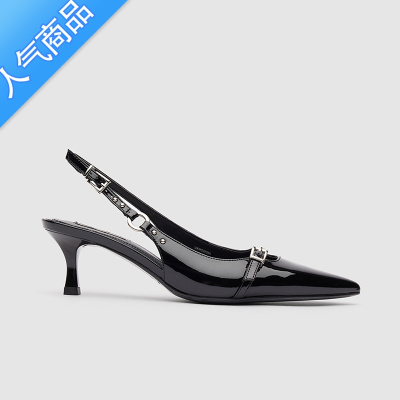 SUNTEKR中空高跟鞋女2023夏季尖头一字扣带凉鞋黑色漆皮朴彩英细跟单鞋