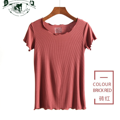 HLCOMAN莫代尔睡衣女夏短袖木耳边t恤上衣单件紧身修身显瘦家居服可外穿