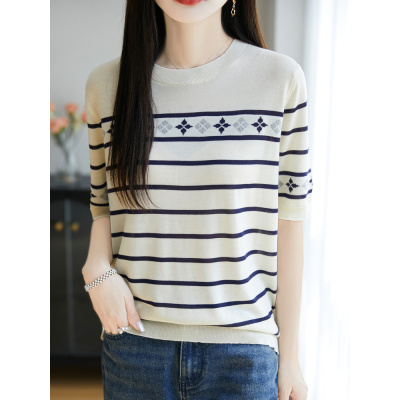 圆领条纹莱赛尔天丝T恤衫女宽松韩版简约薄款上衣显瘦撞色短袖夏