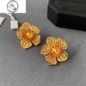 JiMi香槟钻~复古气质欧美小太阳花耳钉轻奢小众高级感耳环女独特耳饰 金色