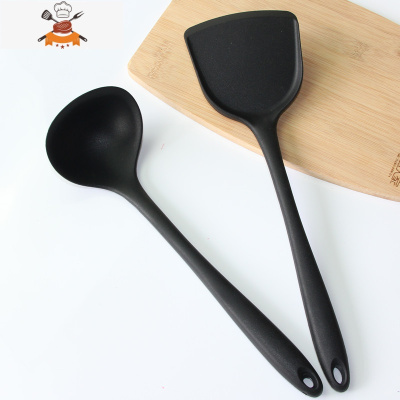 食品不粘锅专用硅胶铲子可高温家用炒菜锅铲汤勺炒勺厨房厨具套装 敬平 黑色锅铲汤勺两件套