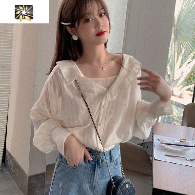 暖青汇锁骨上衣女设计感小众2020秋季新款心机洋气V领雪纺衬衫长袖小衫蕾丝衫