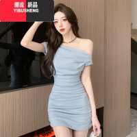 YIBUSHENG性感纯欲风露肩包臀裙季设计感小众褶皱连衣裙洋气独特气质短裙