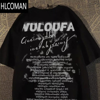 HLCOMAN美式高街男女夏模糊字母印花短袖t恤宽松情侣潮牌ins上衣