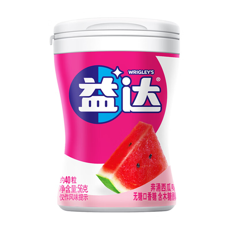 益达 木糖醇无糖口香糖清爽西瓜味56g/瓶约40粒休闲零食清新糖果