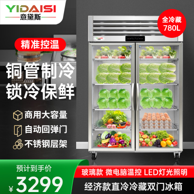 意黛斯 展示柜冷藏蔬菜水果保鲜柜全铜管厨房四门六门冰箱不锈钢冰柜商用大玻璃电冰箱双门冷藏款YDS-LBR4Q2BL