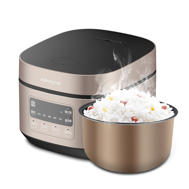 九阳Joyoung 3L方形电饭煲 600瓦底盘加热 金色金属外壳 0.9毫米不粘内胆 触摸控制可预约稀饭模式