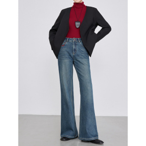 冬季新款刺绣牛仔植绒微喇裤女高腰加绒加厚喇叭长裤