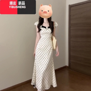YIBUSHENG今年流行法式收腰显瘦高级感白色波点连衣裙子长裙女季新款