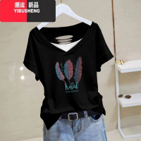 YIBUSHENGv领短袖t恤女季新款时尚减龄后背镂空休闲百搭拼色大码宽松上衣