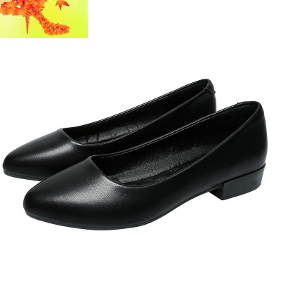 工作鞋子女黑色2020新款春季职业上班皮鞋尖头软底中跟粗跟单鞋女简畅休闲鞋