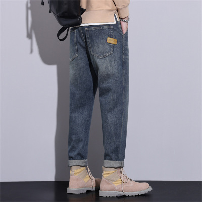 男士宽松锥形牛仔裤 蓝灰渐变柔洗工艺 卷边设计 显瘦显高哈伦裤