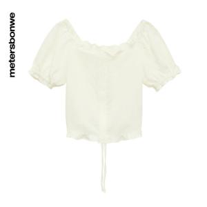[1件5折价:69.5]美特斯邦威白色泡泡袖衬衫女百搭夏季时尚抽绳短袖上衣女