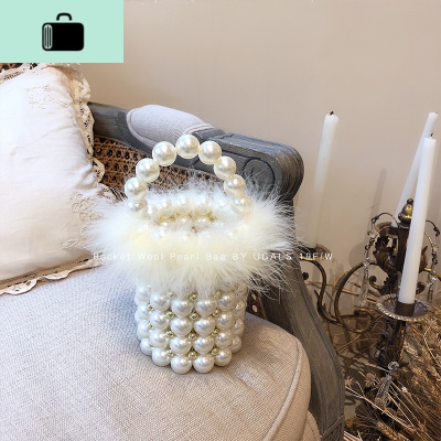 复古名媛仙女手工编织串珠珍珠包毛毛水桶包手提单肩斜挎包NEWLAKE女斜挎包