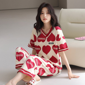 2026新款夏季短袖七分裤棉质带胸垫睡衣女休闲简约家居服两件套装